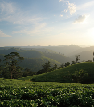 land for sale in kotagiri, nilgiris, green hills, tea plantation, empty land plot, peaceful environment, hill station landscape, sunrise light, realistic, high detail, real estate photo, professio